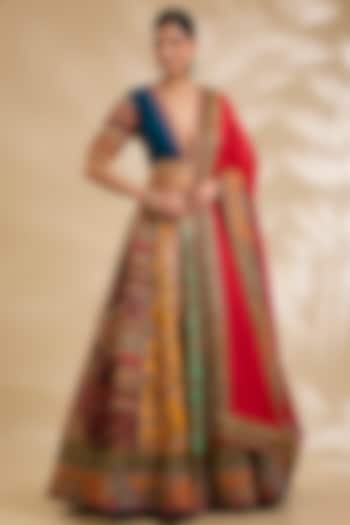 Multi-Colored Raw Silk Hand & Machine Embroidered Bridal Lehenga Set by Debyani at Pernia's Pop Up Shop