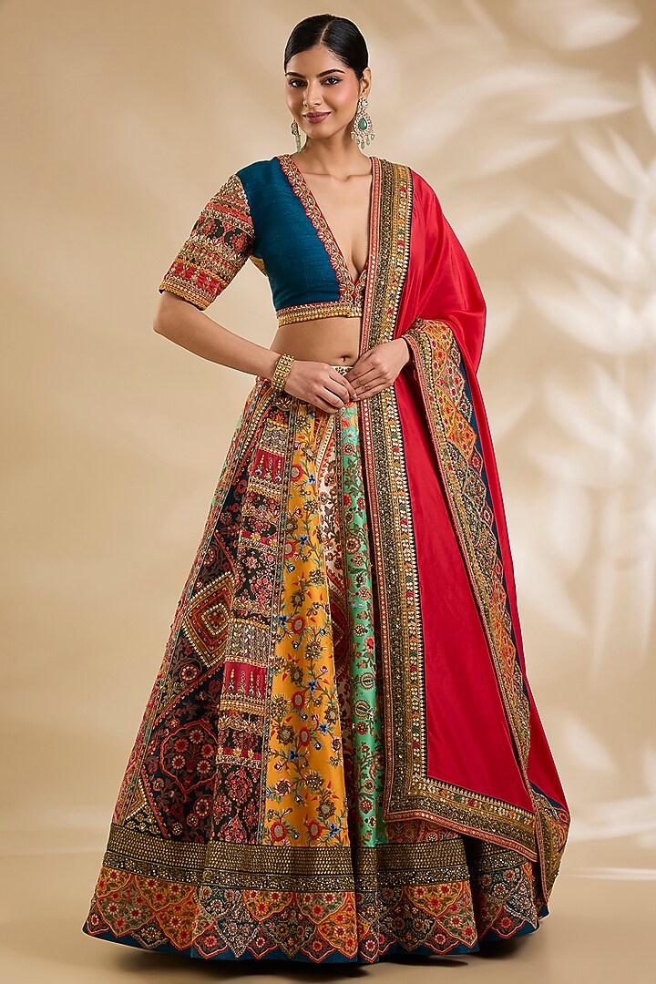Multi-Colored Raw Silk Hand & Machine Embroidered Bridal Lehenga Set by Debyani at Pernia's Pop Up Shop
