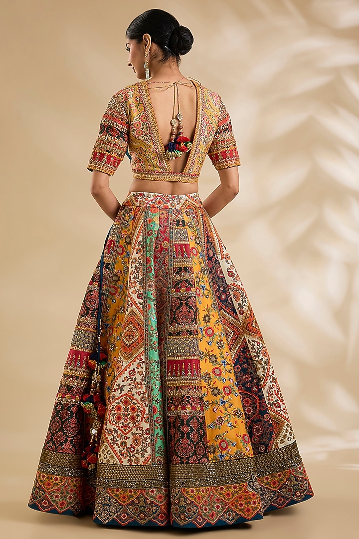 Multi-Colored Raw Silk Hand & Machine Embroidered Bridal Lehenga Set by Debyani at Pernia's Pop Up Shop