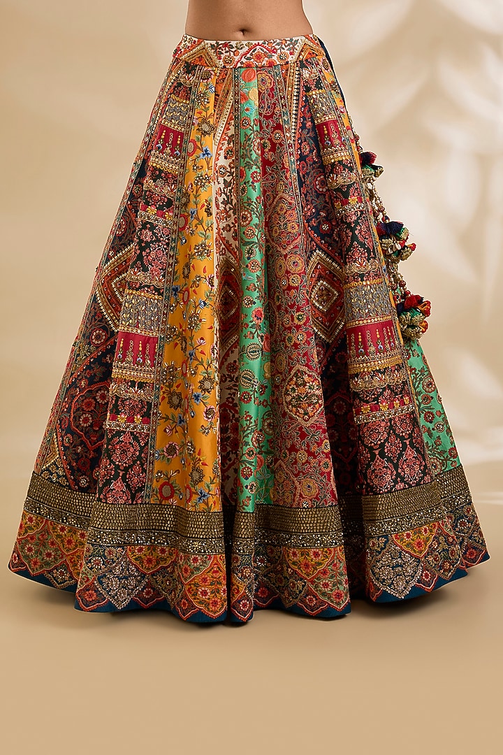 Multi-Colored Raw Silk Hand & Machine Embroidered Bridal Lehenga Set by Debyani at Pernia's Pop Up Shop