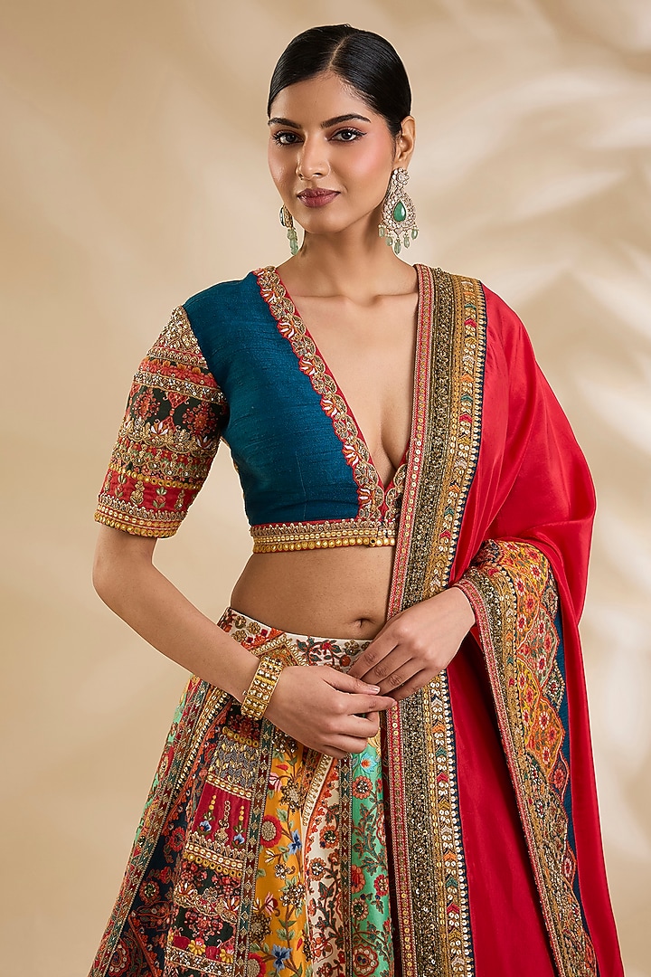 Multi-Colored Raw Silk Hand & Machine Embroidered Bridal Lehenga Set by Debyani at Pernia's Pop Up Shop