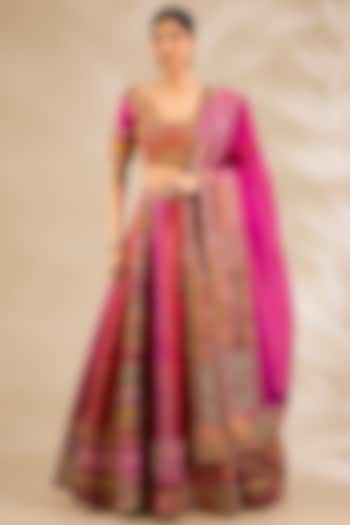 Pink Chanderi Embroidered & Printed Bridal Lehenga Set by Debyani at Pernia's Pop Up Shop