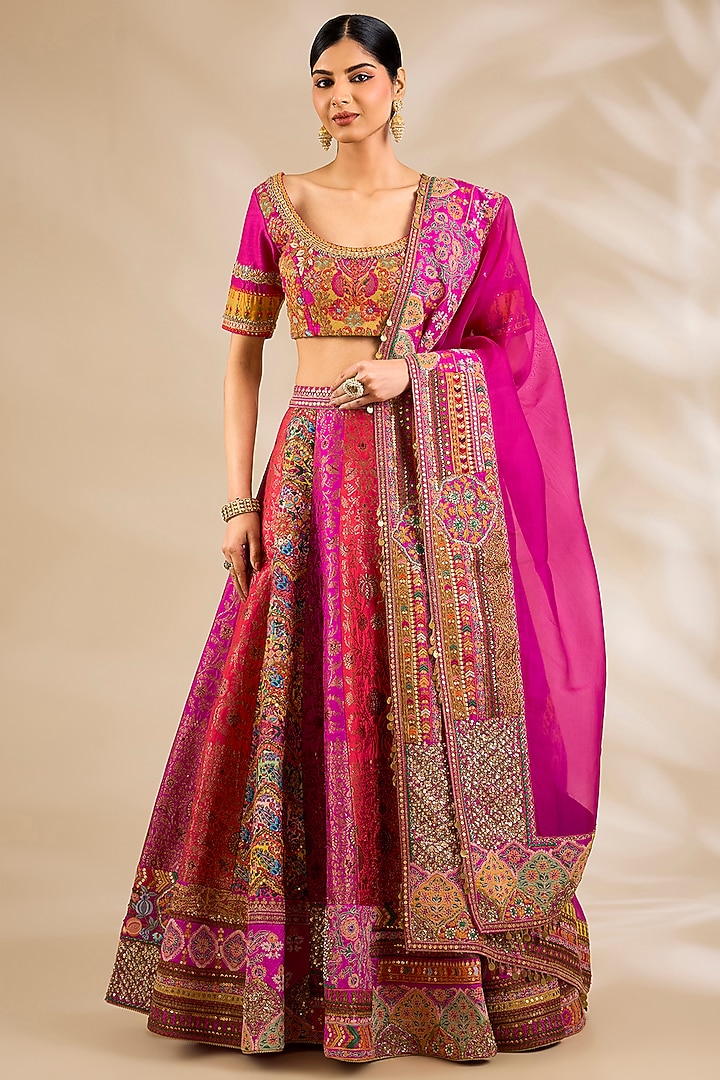 Pink Chanderi Embroidered & Printed Bridal Lehenga Set by Debyani at Pernia's Pop Up Shop