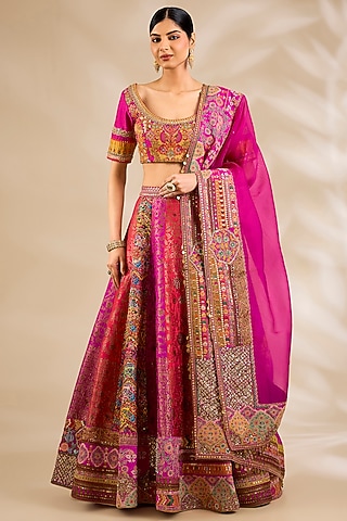 Pink Chanderi Embroidered & Printed Lehenga Set by Debyani
