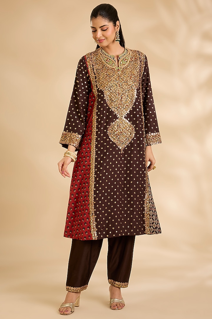 Brown Silk & Cotton Hand Embroidered Kurta Set by Debyani at Pernia's Pop Up Shop