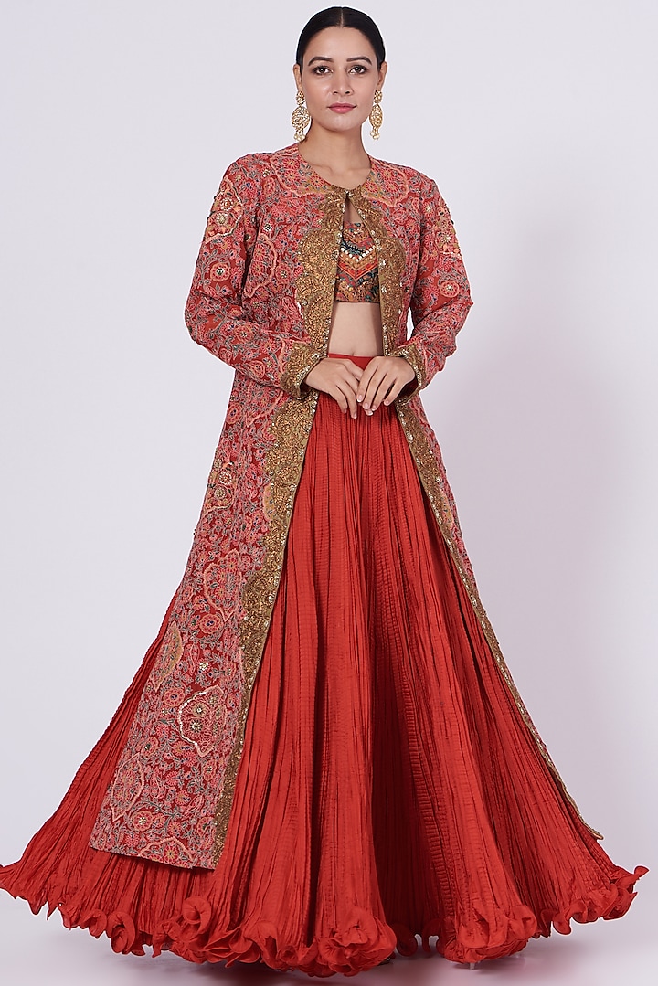 Red Organza Long Jacket Set by Debyani