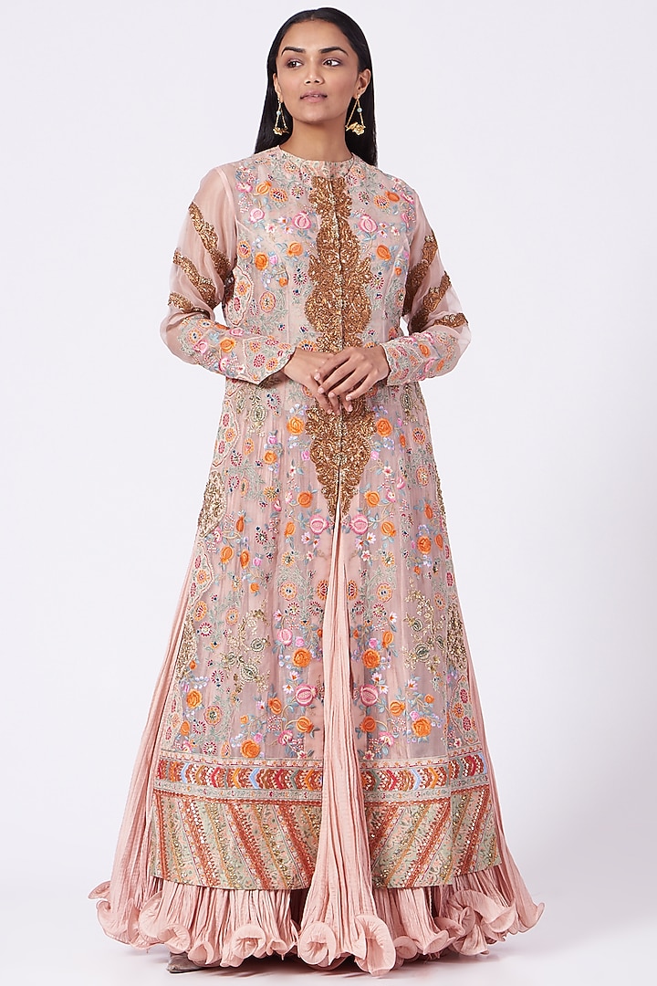 Old Rose Organza Long Jacket Set by Debyani at Pernia's Pop Up Shop
