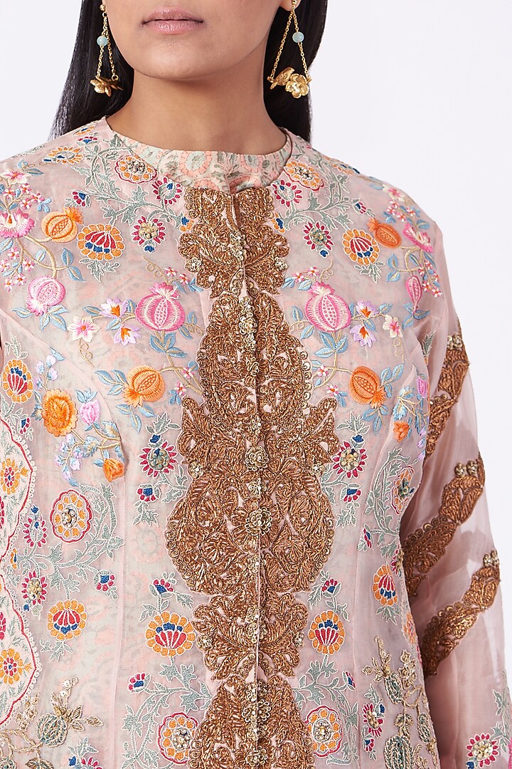 Old Rose Organza Long Jacket Set by Debyani at Pernia's Pop Up Shop