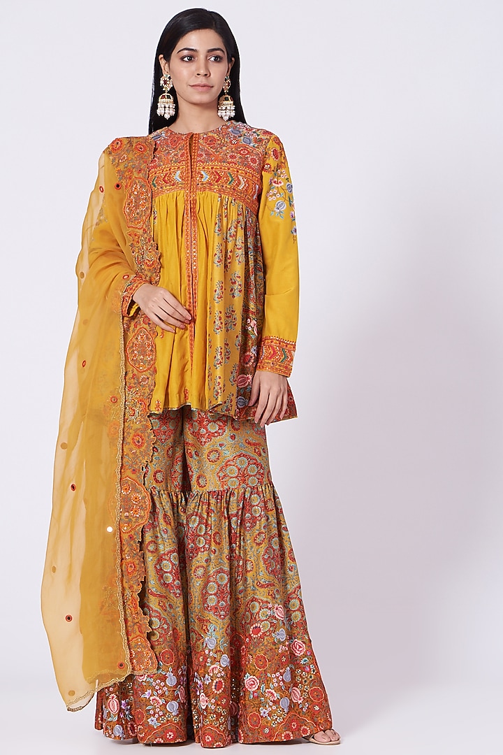 Mustard Mughal Printed Sharara Set by Debyani at Pernia's Pop Up Shop