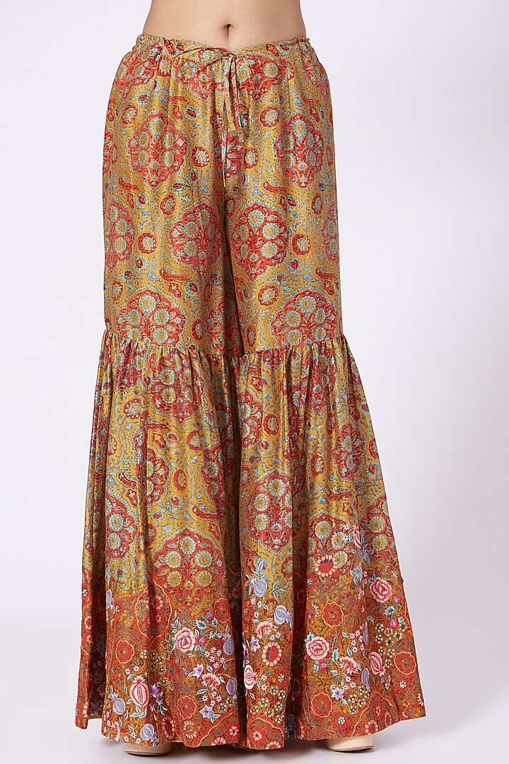 Mustard Mughal Printed Bridal Sharara Set by Debyani at Pernia's Pop Up Shop