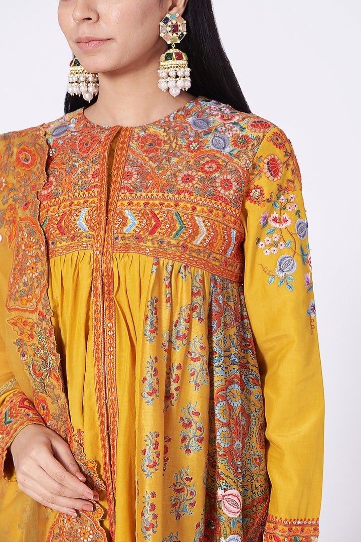 Mustard Mughal Printed Bridal Sharara Set by Debyani at Pernia's Pop Up Shop