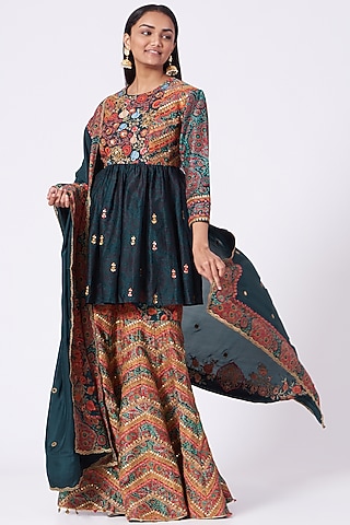 Multi-Colored Chanderi Silk Sharara Set by Debyani