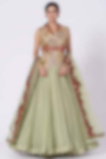 Pista Green Organza Wedding Lehenga Set by Debyani at Pernia's Pop Up Shop