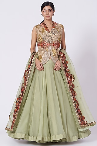 Pista Green Organza Lehenga Set by Debyani