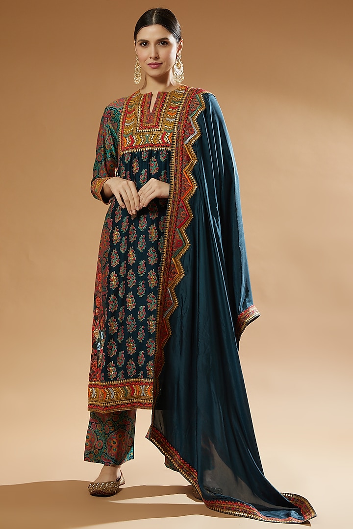 Blue Chanderi Kurta Set by Debyani at Pernia's Pop Up Shop