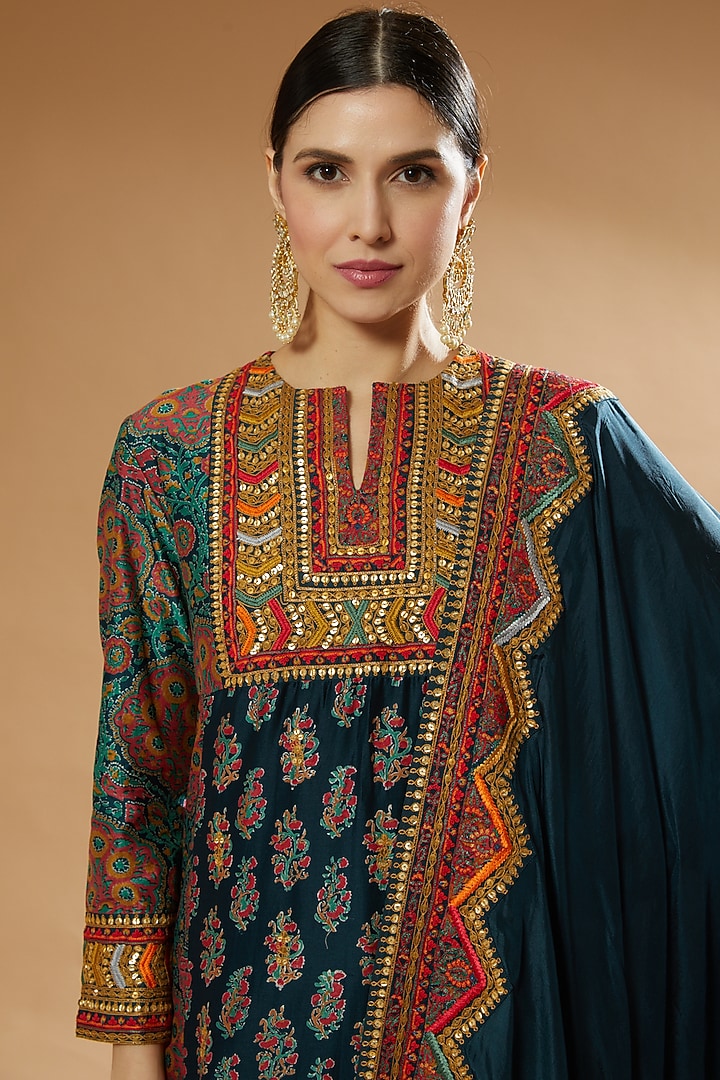 Blue Chanderi Kurta Set by Debyani at Pernia's Pop Up Shop