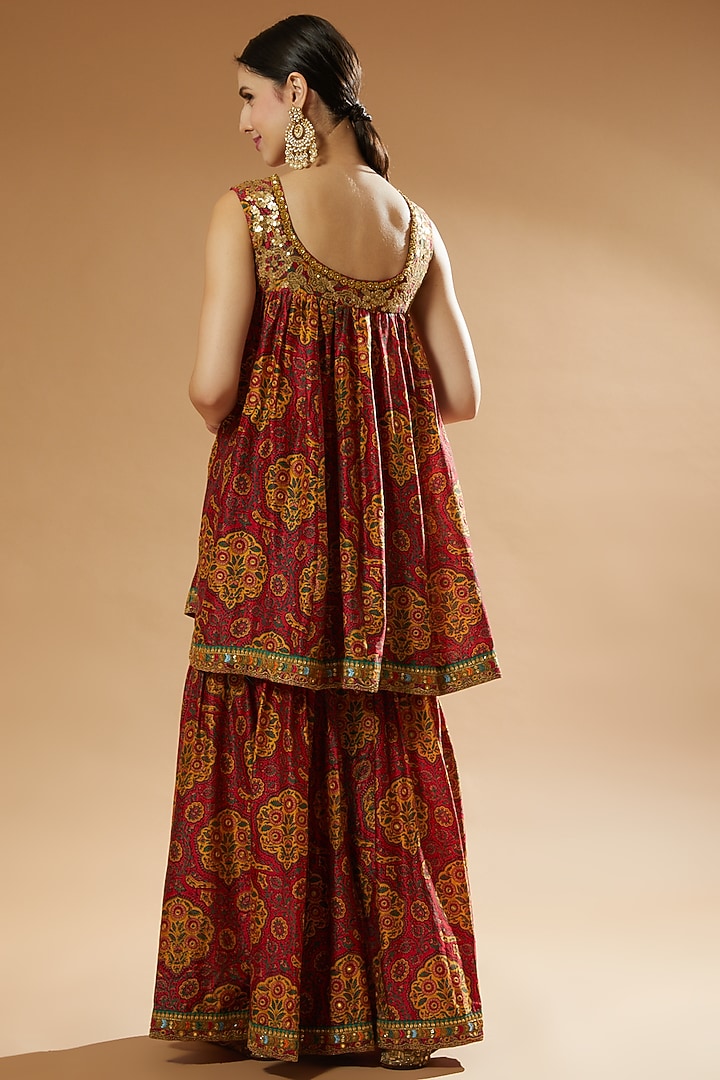 Red Chanderi Printed Wedding Sharara Set by Debyani at Pernia's Pop Up Shop