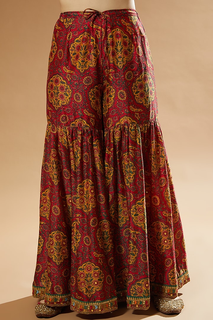 Red Chanderi Printed Wedding Sharara Set by Debyani at Pernia's Pop Up Shop