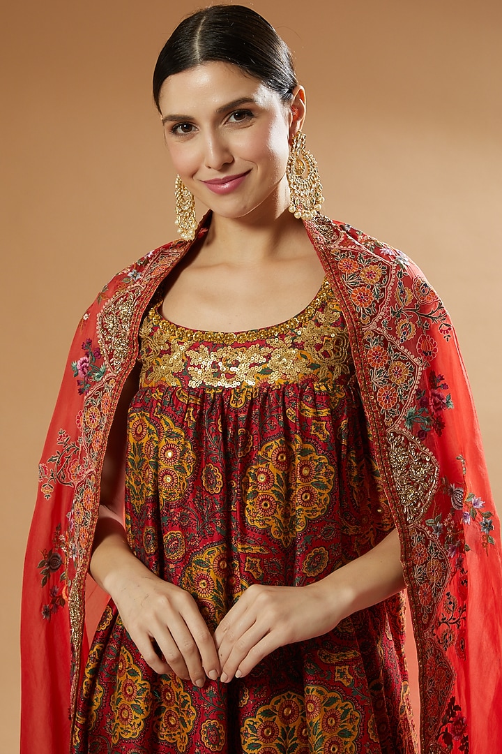 Red Chanderi Printed Wedding Sharara Set by Debyani at Pernia's Pop Up Shop