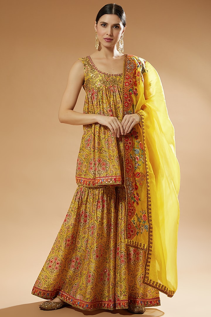 Yellow Printed Wedding Sharara Set by Debyani at Pernia's Pop Up Shop