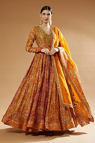 Orange Printed Anarkali Set by Debyani