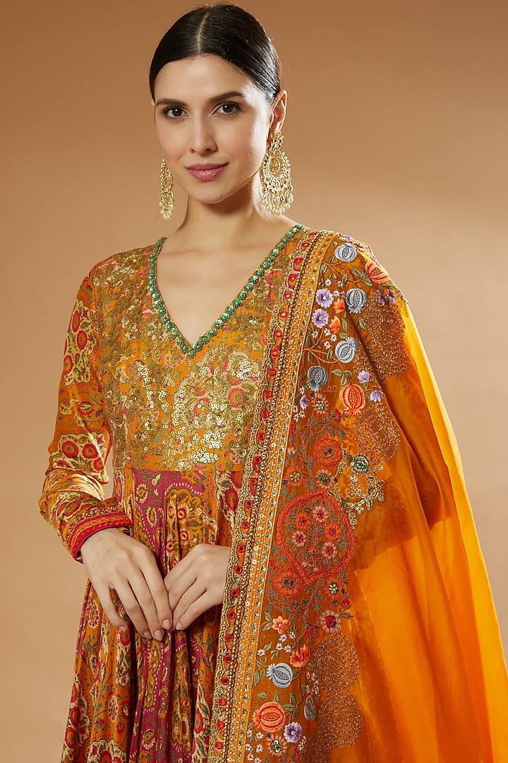Orange Printed Bridal Anarkali Set by Debyani at Pernia's Pop Up Shop