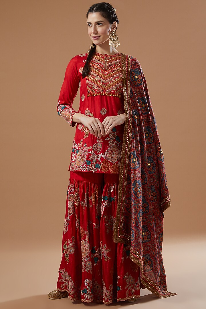 Red Embroidered Bridal Sharara Set by Debyani at Pernia's Pop Up Shop