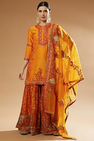 Orange Organza Sharara Set by Debyani