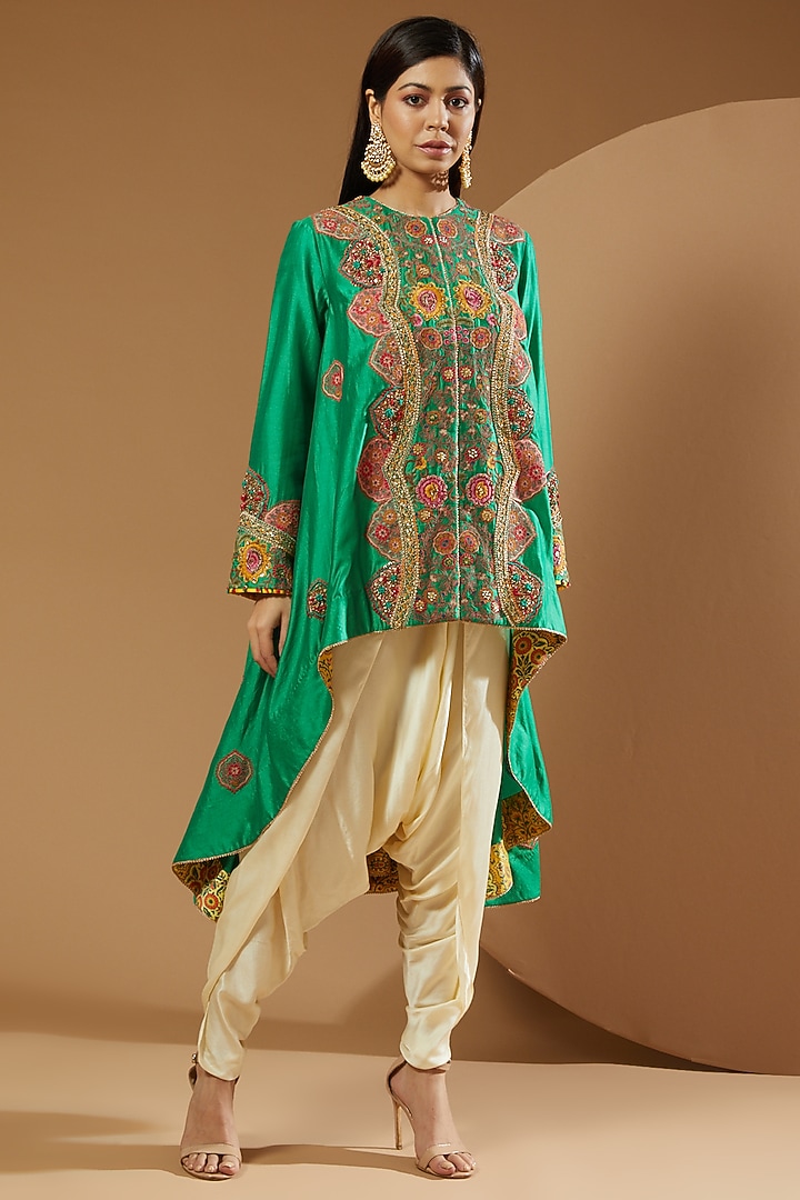 Green Meenakari Trail Jacket Set by Debyani at Pernia's Pop Up Shop