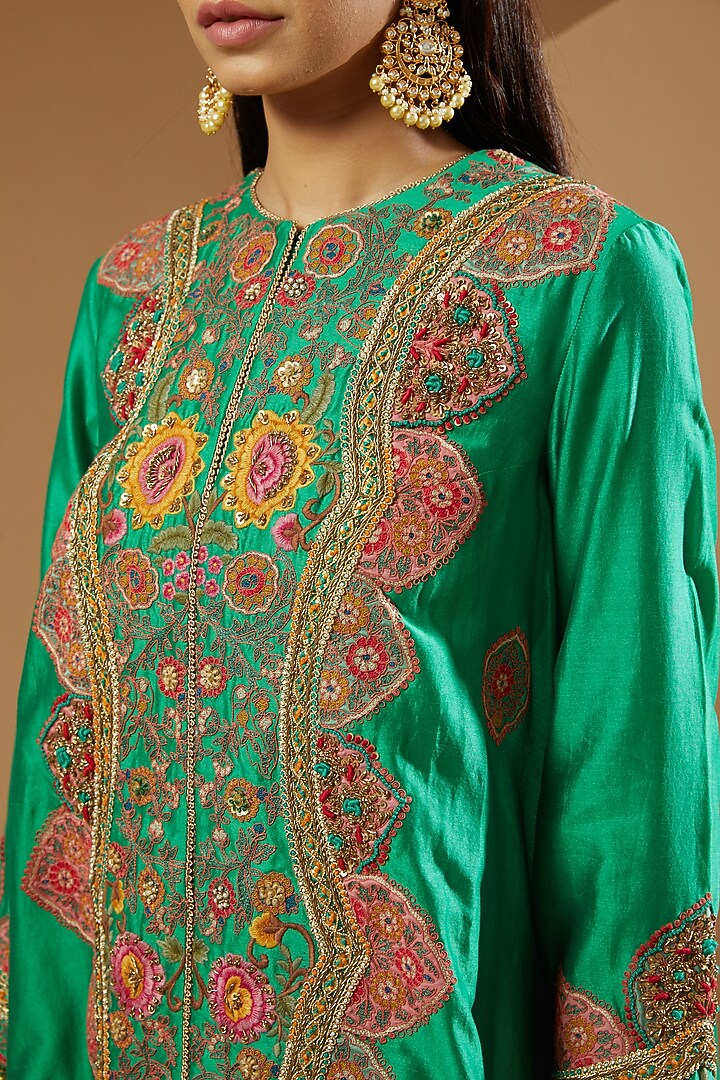 Green Meenakari Trail Jacket Set by Debyani at Pernia's Pop Up Shop