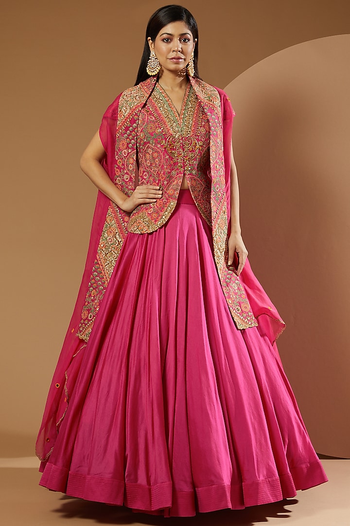 Magenta Chanderi Jacket Wedding Lehenga Set by Debyani at Pernia's Pop Up Shop