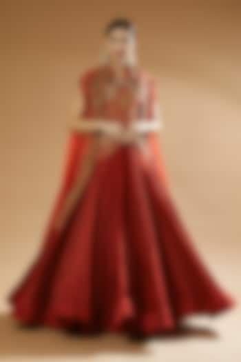 Red Chanderi Jacket Wedding Lehenga Set by Debyani at Pernia's Pop Up Shop