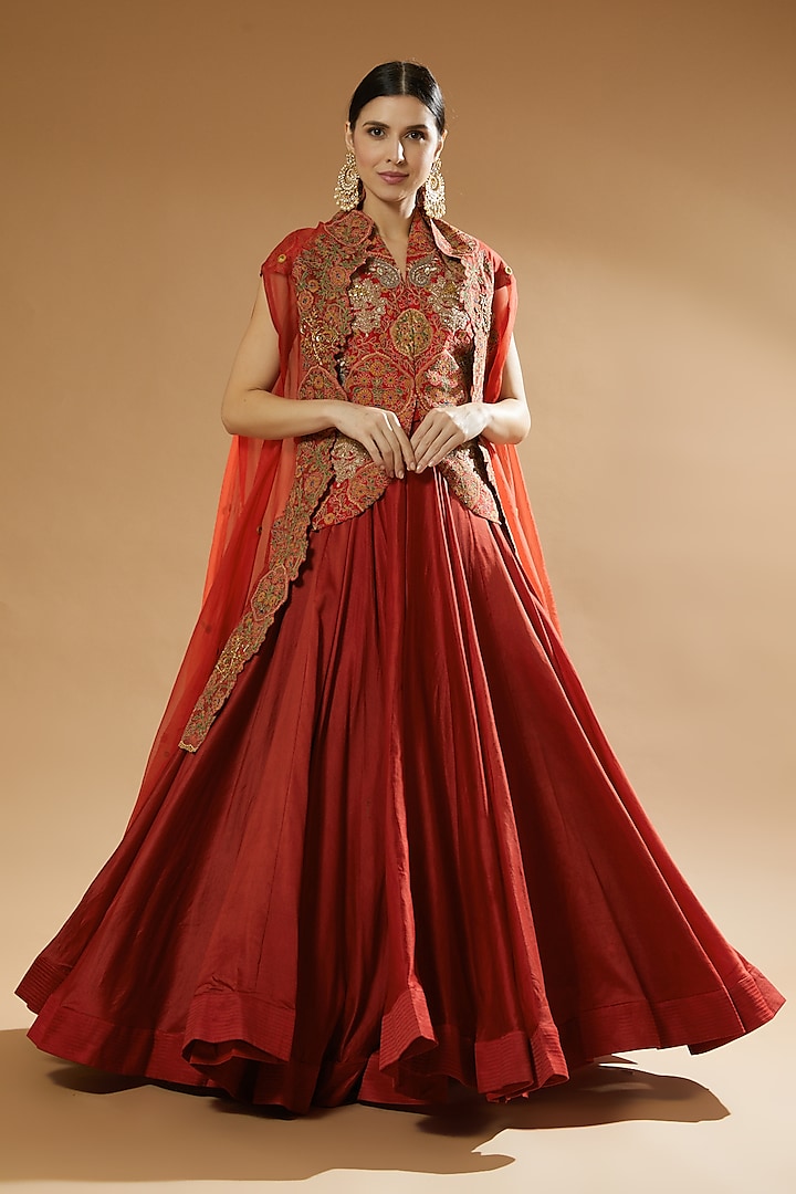 Red Chanderi Jacket Wedding Lehenga Set by Debyani at Pernia's Pop Up Shop