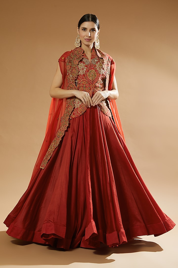 Red Chanderi Jacket Lehenga Set by Debyani