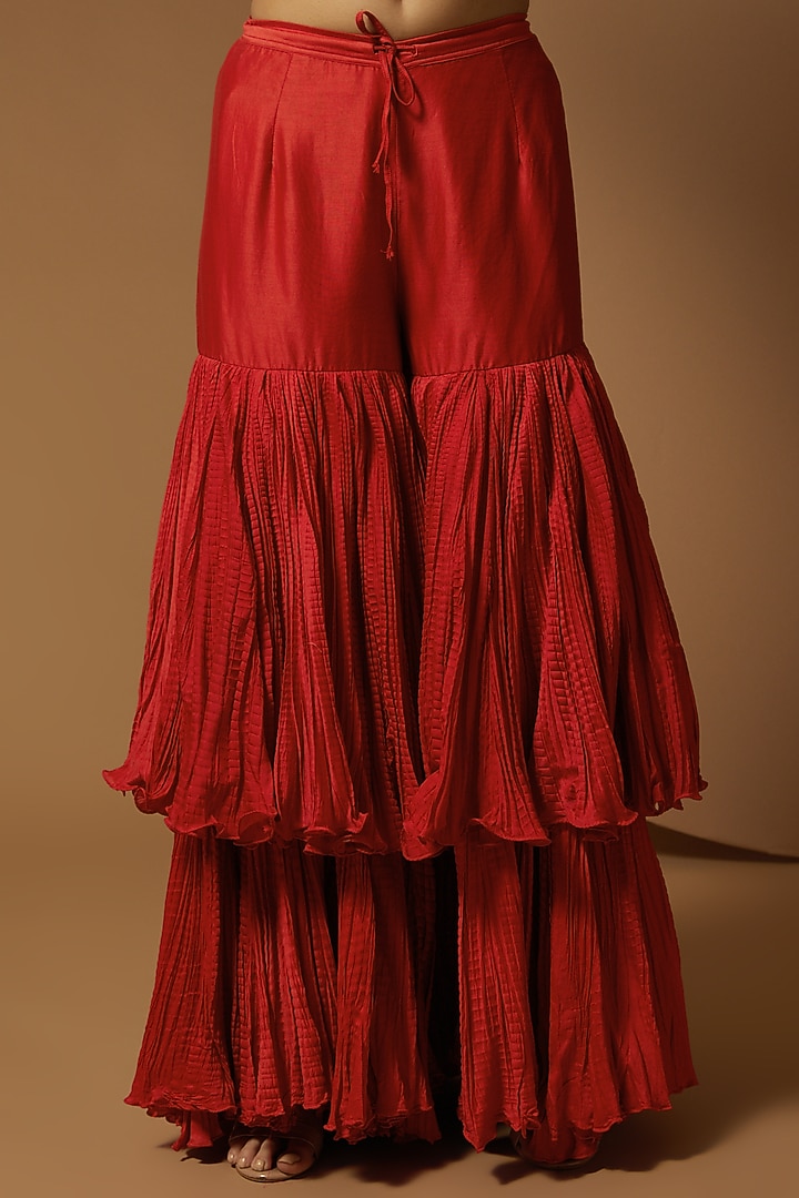 Red Chanderi Layered Bridal Sharara Set by Debyani at Pernia's Pop Up Shop