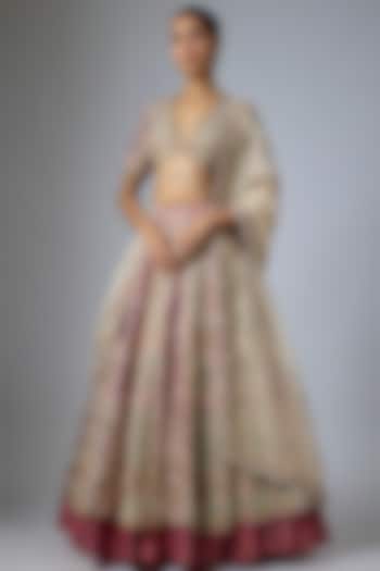 Powder Pink Silk Floral Printed & Mukaish Embroidered Bridal Lehenga Set by Debyani at Pernia's Pop Up Shop