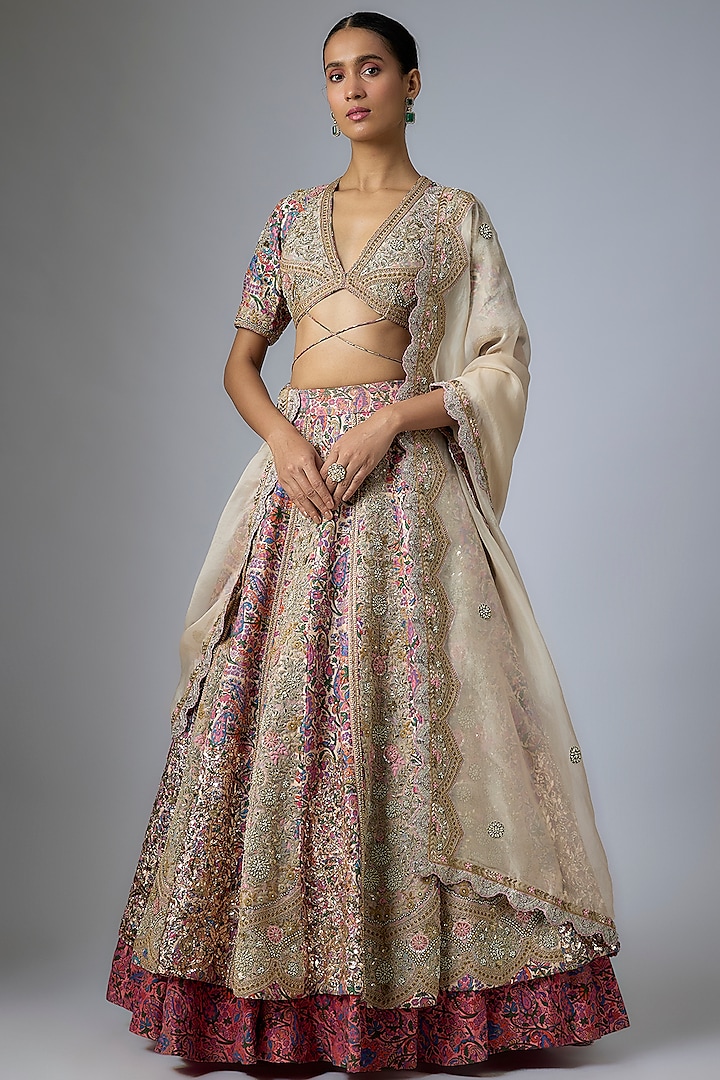 Powder Pink Silk Floral Printed & Mukaish Embroidered Bridal Lehenga Set by Debyani at Pernia's Pop Up Shop