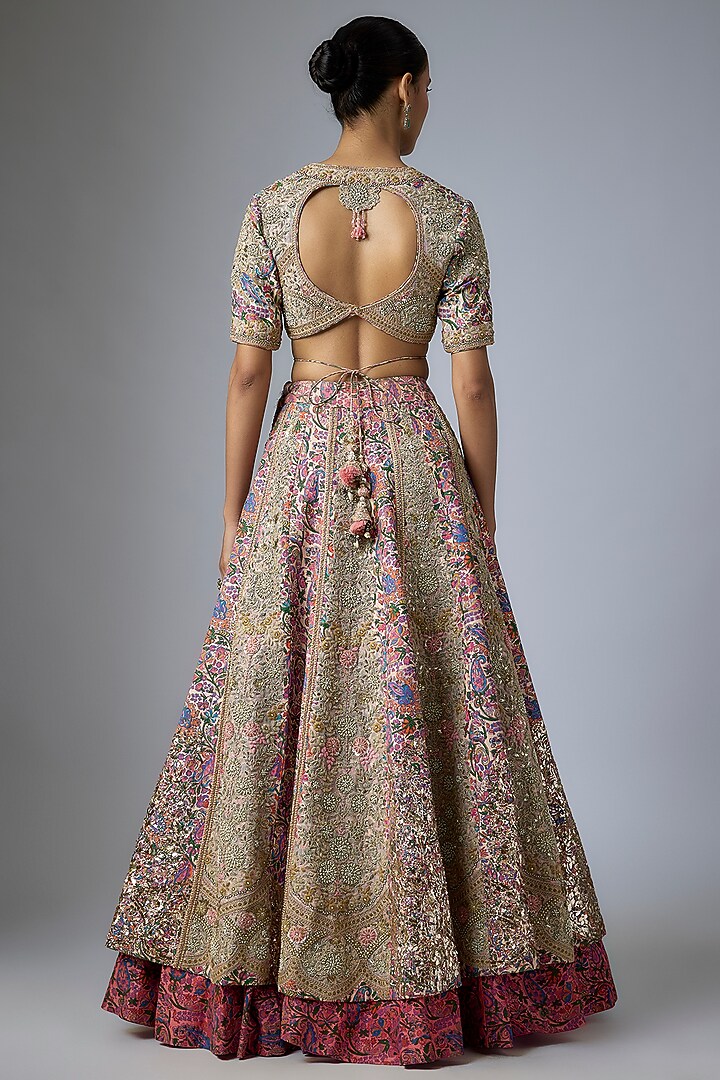 Powder Pink Silk Floral Printed & Mukaish Embroidered Bridal Lehenga Set by Debyani at Pernia's Pop Up Shop