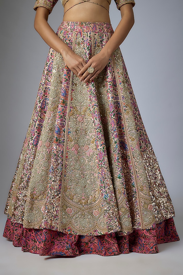 Powder Pink Silk Floral Printed & Mukaish Embroidered Bridal Lehenga Set by Debyani at Pernia's Pop Up Shop
