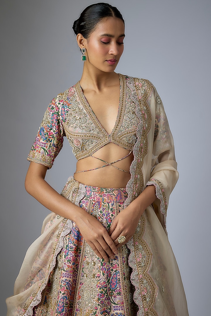 Powder Pink Silk Floral Printed & Mukaish Embroidered Bridal Lehenga Set by Debyani at Pernia's Pop Up Shop