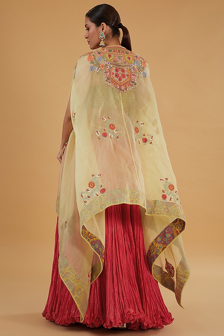 Red Chanderi Silk Patchwork Crushed Skirt Set by Debyani at Pernia's Pop Up Shop