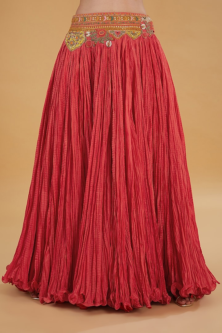 Red Chanderi Silk Patchwork Crushed Skirt Set by Debyani at Pernia's Pop Up Shop
