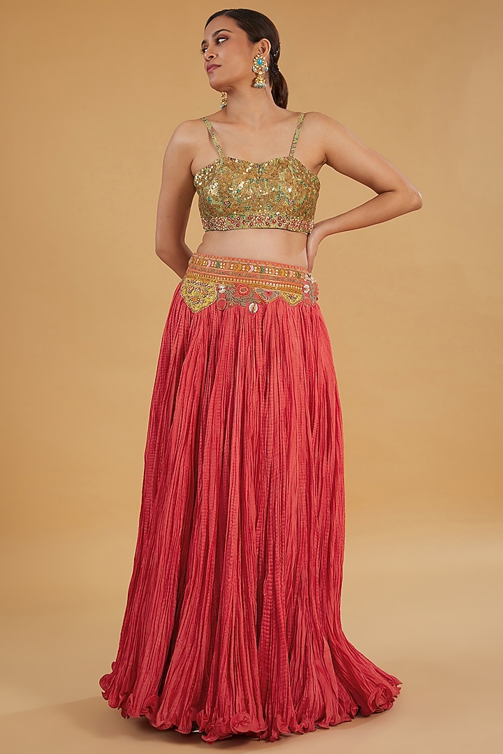 Red Chanderi Silk Patchwork Crushed Skirt Set by Debyani at Pernia's Pop Up Shop