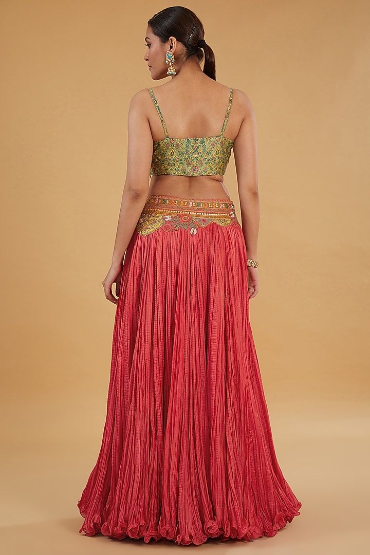 Red Chanderi Silk Patchwork Crushed Skirt Set by Debyani at Pernia's Pop Up Shop