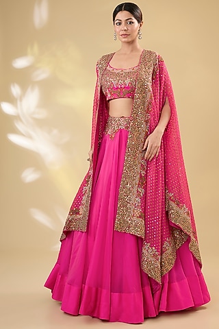 Fuchsia Silk Hand & Machine Embroidered Cape Set by Debyani