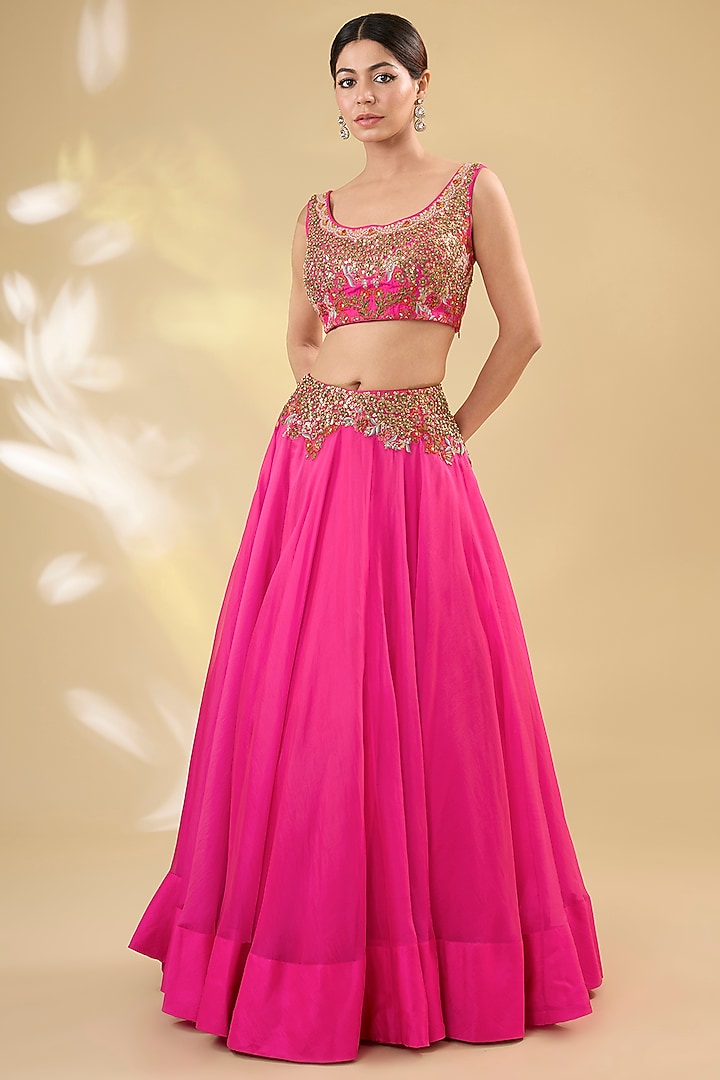 Fuchsia Silk Hand & Machine Embroidered Cape Set by Debyani at Pernia's Pop Up Shop