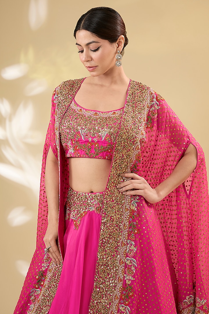 Fuchsia Silk Hand & Machine Embroidered Cape Set by Debyani at Pernia's Pop Up Shop