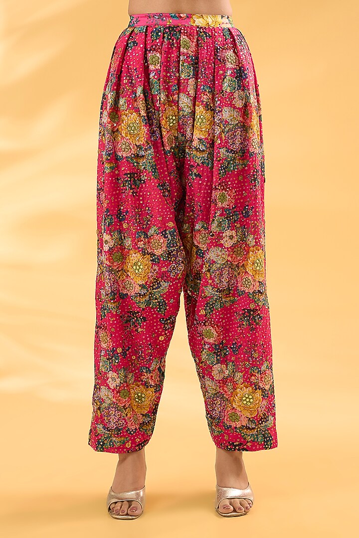 Yellow Silk Floral Printed & Hand Embroidered Kurta Set by Debyani at Pernia's Pop Up Shop