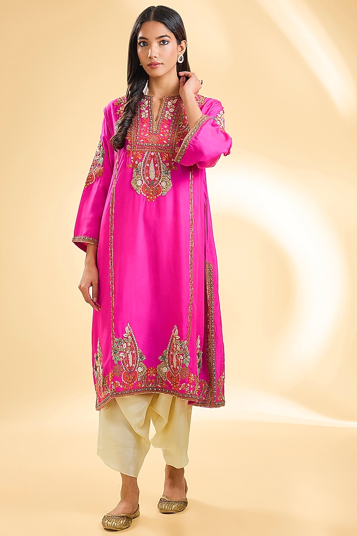 Rani Pink Silk Hand & Machine Embroidered Choga Kurta Set by Debyani at Pernia's Pop Up Shop