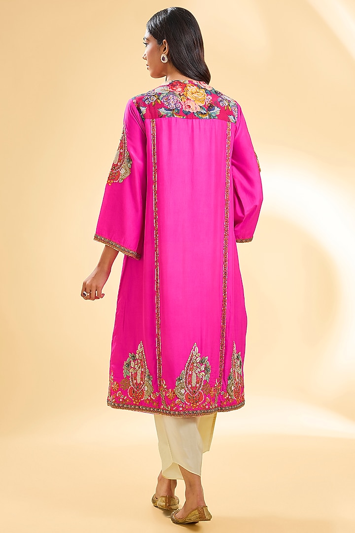 Rani Pink Silk Hand & Machine Embroidered Choga Kurta Set by Debyani at Pernia's Pop Up Shop